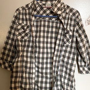 Blue, brown, plaid button up.